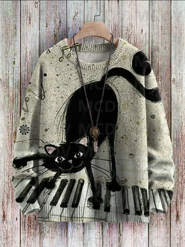 Cute Black Cat Flower Birds Art Pattern Print Casual Knit Pullover Sweater Classic Sweater Men's For Women's Pullover — image 10