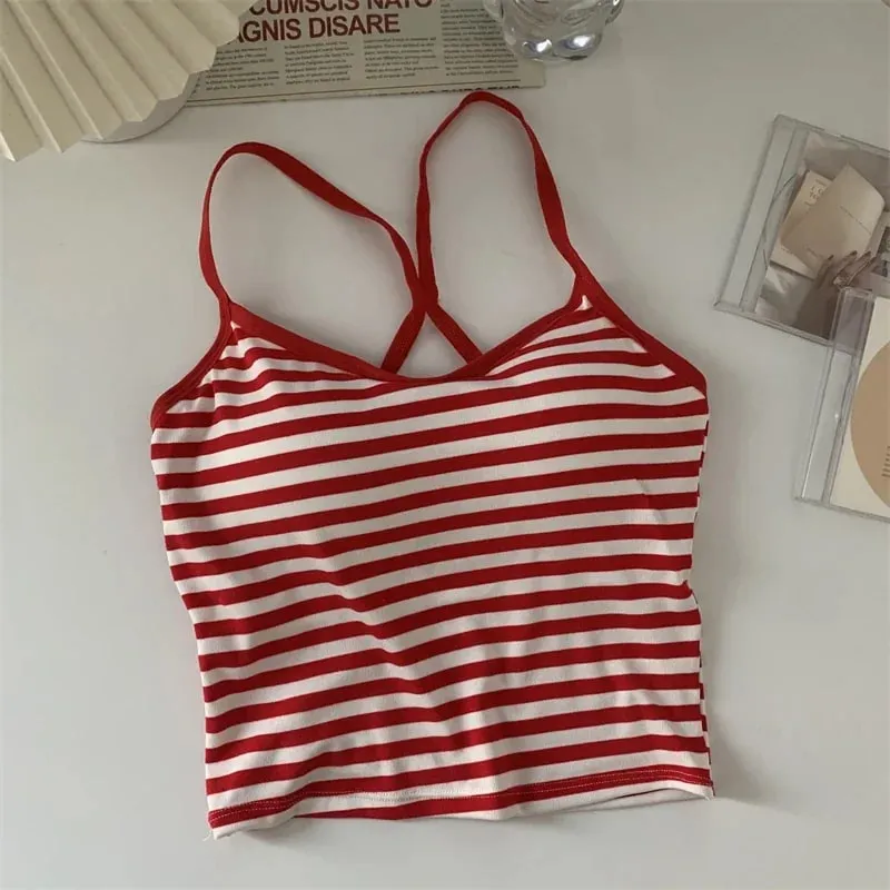 Korea Style Colorblock Striped Camisole Female Summer Cross Strap Built In Bra Omighty Camis Women Skinny Tank Top Dropshipping — image 5