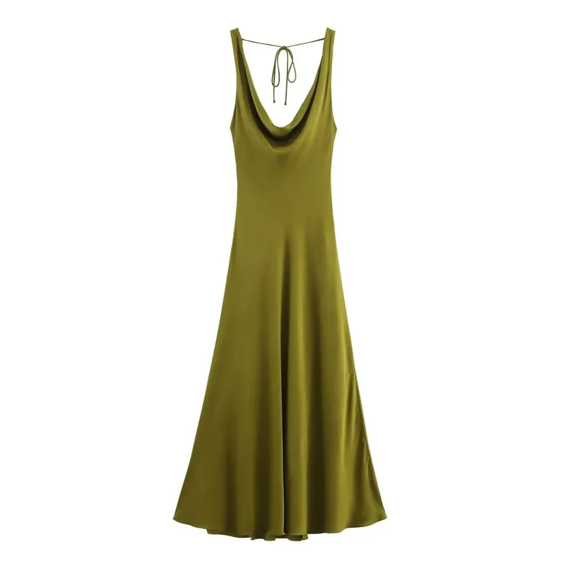 HH Women's Solid Vacation Style Satin Texture Backless V-neck Midi Dress Summer Female Elegant Sexy Lace-up Strap Dress