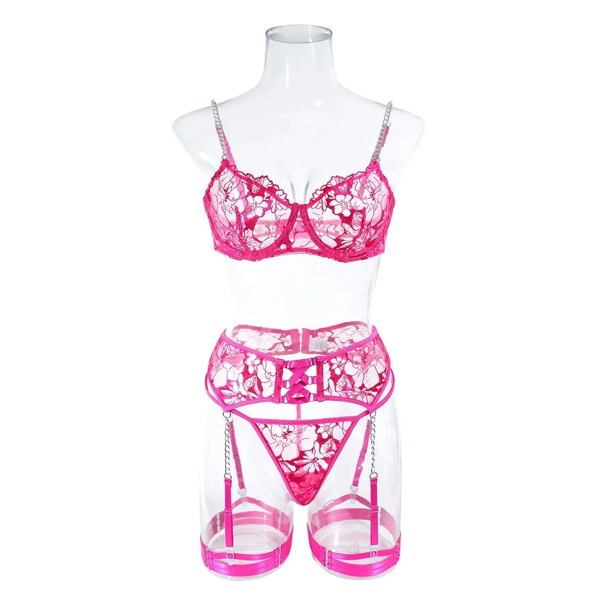 Solid Mesh Embroidered Lingerie Set Women's Thin Chain Exotic Apparel Suit with Garters Hollow Cross Underwear Four Pieces Set — image 1