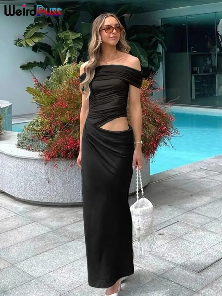 Weird Puss Ruched Irregular Dress Women Mesh Patchwork Slash Neck Short Sleeve Skinny Stretch Trend Elegant Long Bodycon Outfits — image 5