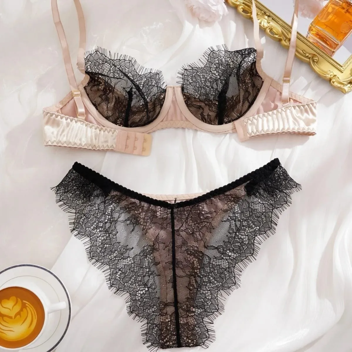 Satin Stoff Wimpern Spitze Patchwork Ultradünne Ungefütterte BH-Sets Unterwäsche mit Bügel Sexy Dessous Frauen Büstenhalter — image 3