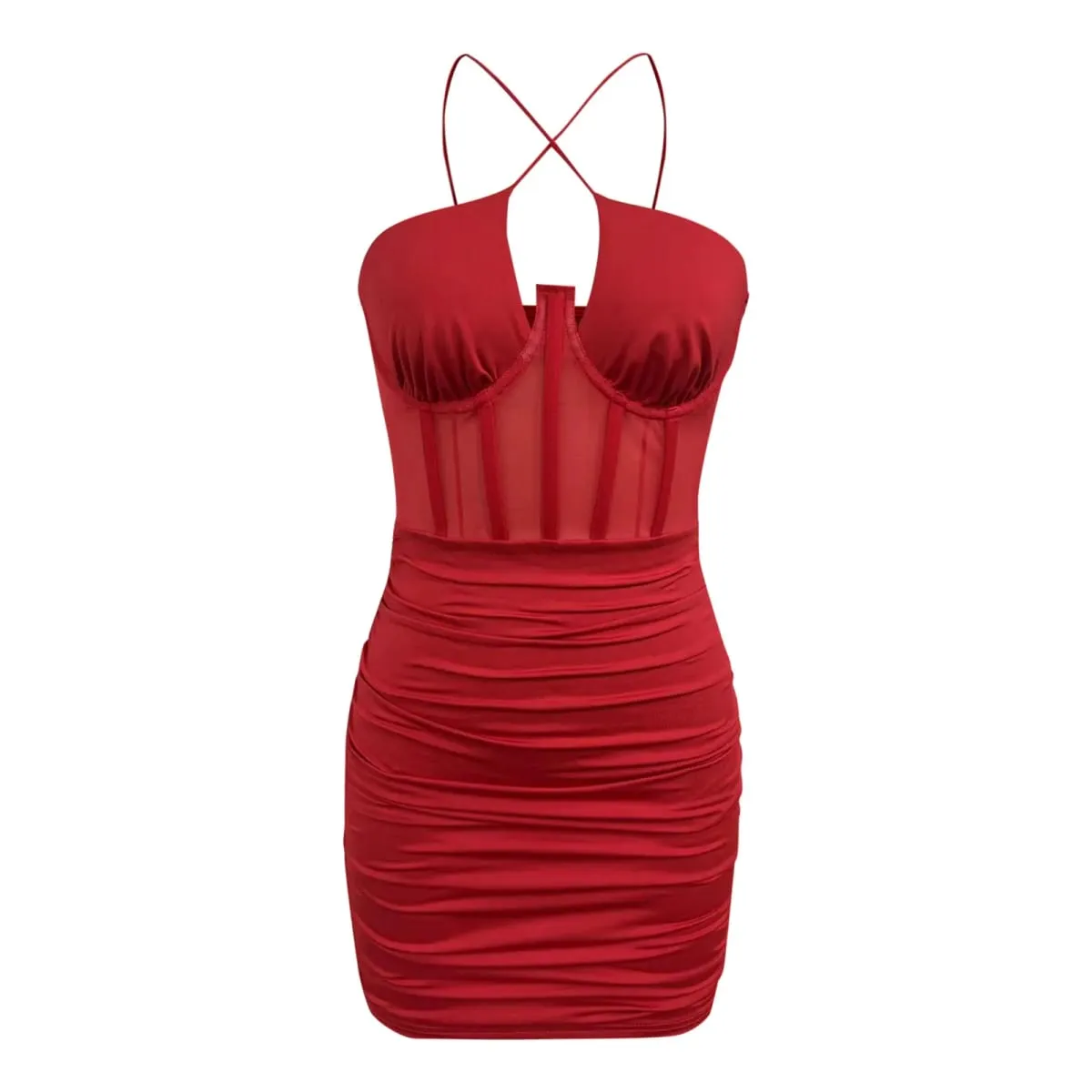 Women's Sexy Strapless Mini Dress Mesh See Through Strap Fish Bone Corset Short Dresses Solid Color Slim Fit Pleated Vestidos — image 5