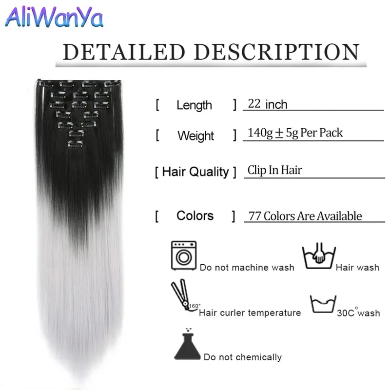 24Inch Synthetic Long Straight Hair Extensions 7pcs/Set 16 Clips in High Tempreture Fiber Synthetic Red Black Brown Hair Piece — image 5