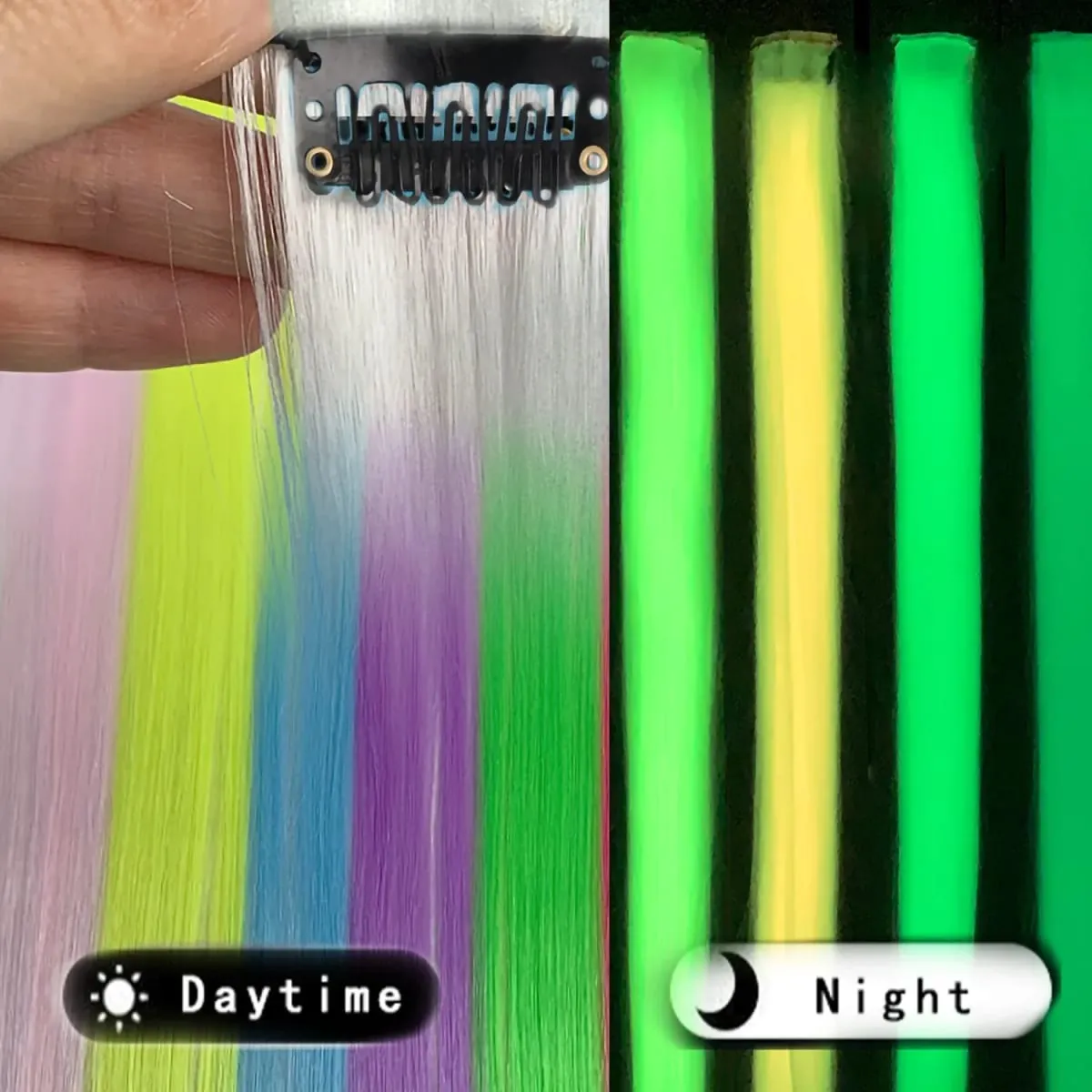 5pc 20 Inch Glow in The Dark Hair Extensions Clip Luminous Colored Hairpieces Party Rainbow Hair Clips Synthetic Straight Wig — image 3