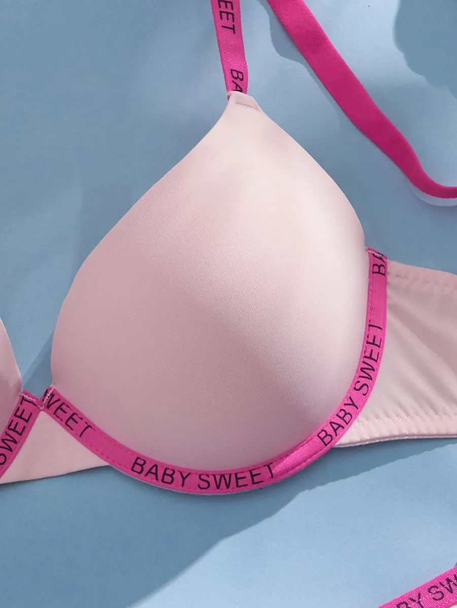 Ensemble de sous-vêtements pour femmes, couleur unie, sans couture, garniture en lettres, soutien-gorge Push Up, soutien-gorge confortable à armatures, ensemble de Lingerie décontracté pour tous les jours — image 5