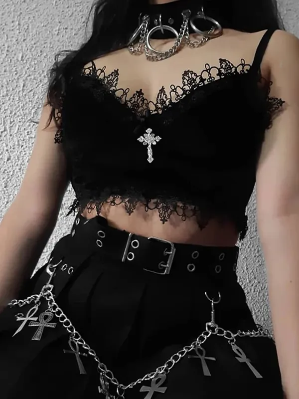 Velvet Y2K Mall Goth Crop Tops Black Lace Trim Emo Alternative Aesthetic Crop Tops Women Backless Sexy Strap Tanks — image 5