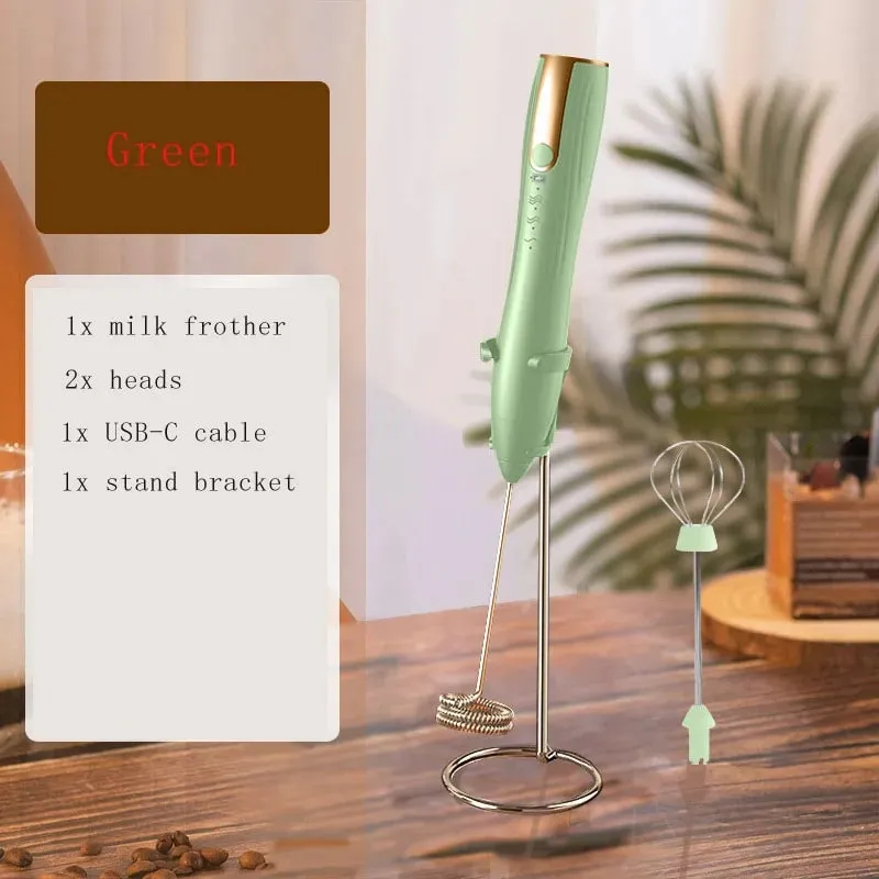 Milk Frother Handheld for Coffee Electric Whisk 3 Speed Adjustable Drink Mixer with Stand Bracket Rechargeable Egg Beater