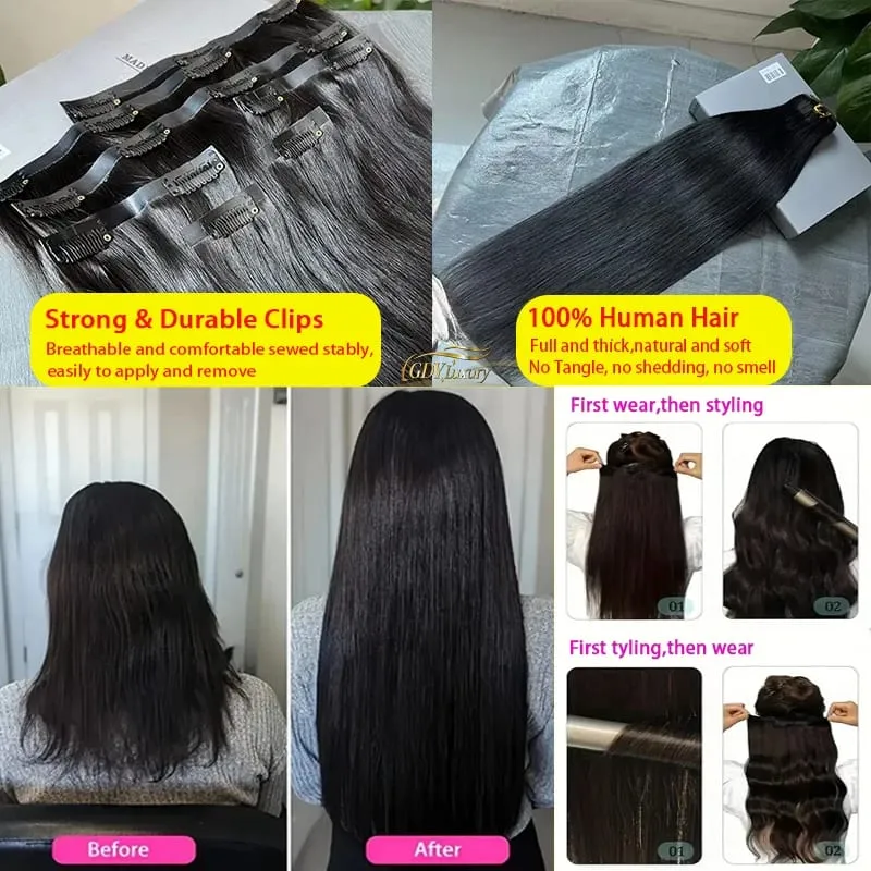 Invisible Seamless Clip Ins Bone Straight Human Hair Unprocessed Raw Hair PU Weft Extensions Full Head 7Pcs/Set Clip on Hair — image 2