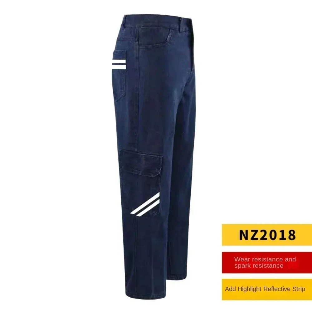 Men's Work Pants with Thick Loose Wear-resistant Welded Heat-resistant Reflective Strips Jeans Plus Size Labor Protection Pants