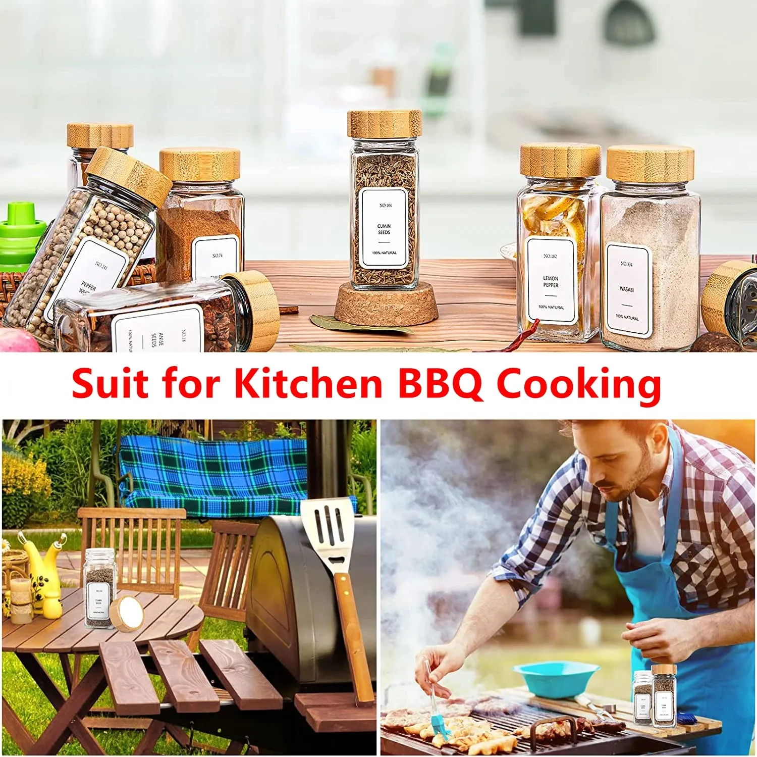 5/12Pcs Glass Spice Jars with Bamboo Lid Spice Seasoning Containers Salt Pepper Shakers Spice Organizer Kitchen Spice Jar Set