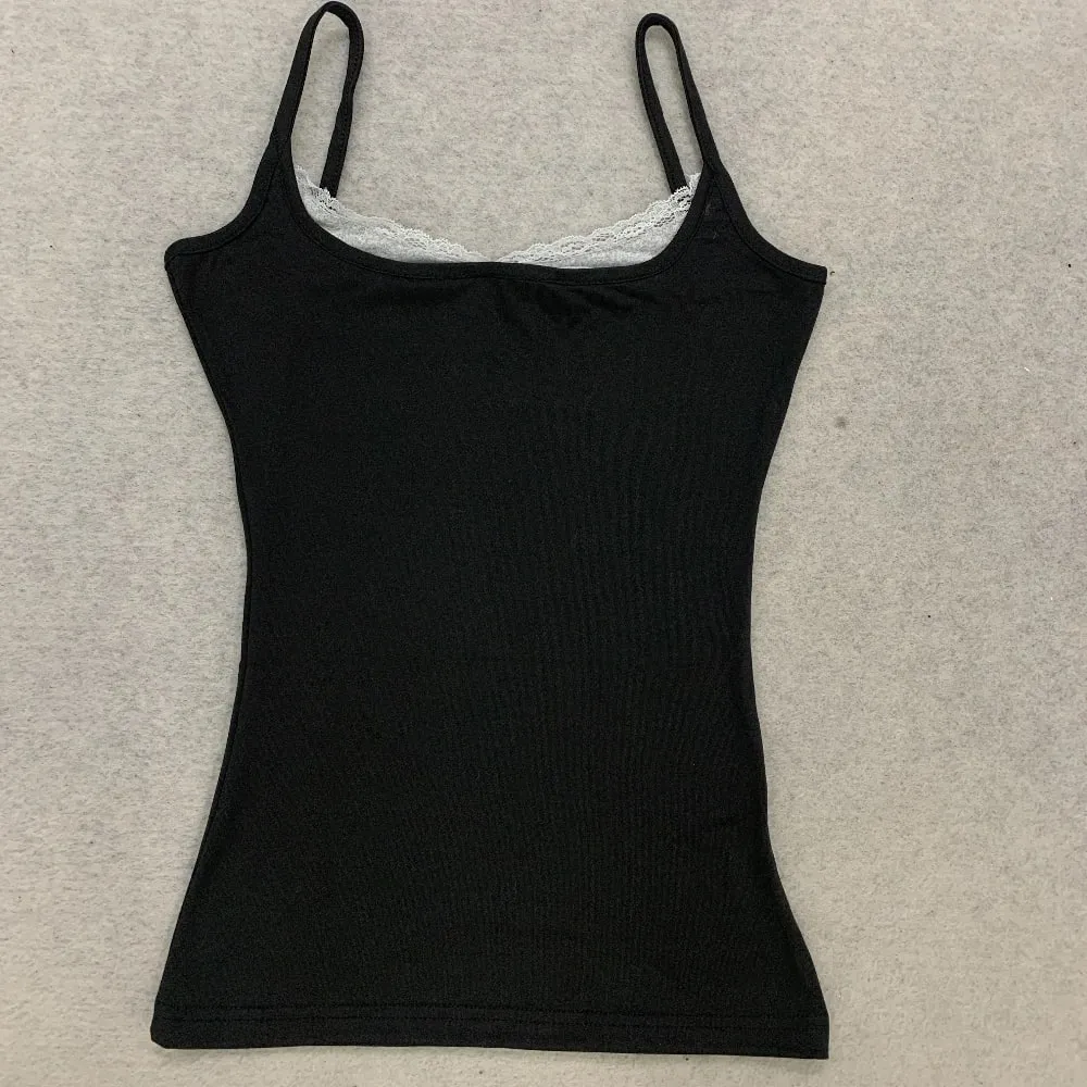 Y2K Hot Girl Solid Color Tank Top with Thin Shoulder Straps Side Lace Splicing Slim Fit Sleeveless Casual Street Strap Top