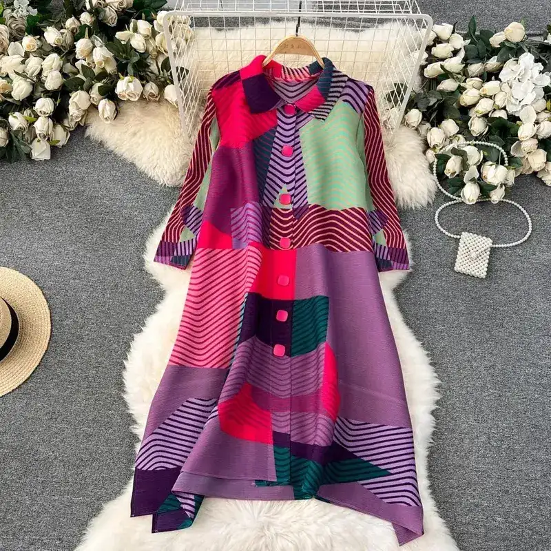 Miyake Pleated Drape Dress Women 2024 Jaro Léto Colorblock Potisk Klopa 3/4 rukáv Jednořadé módní košilové šaty — image 3