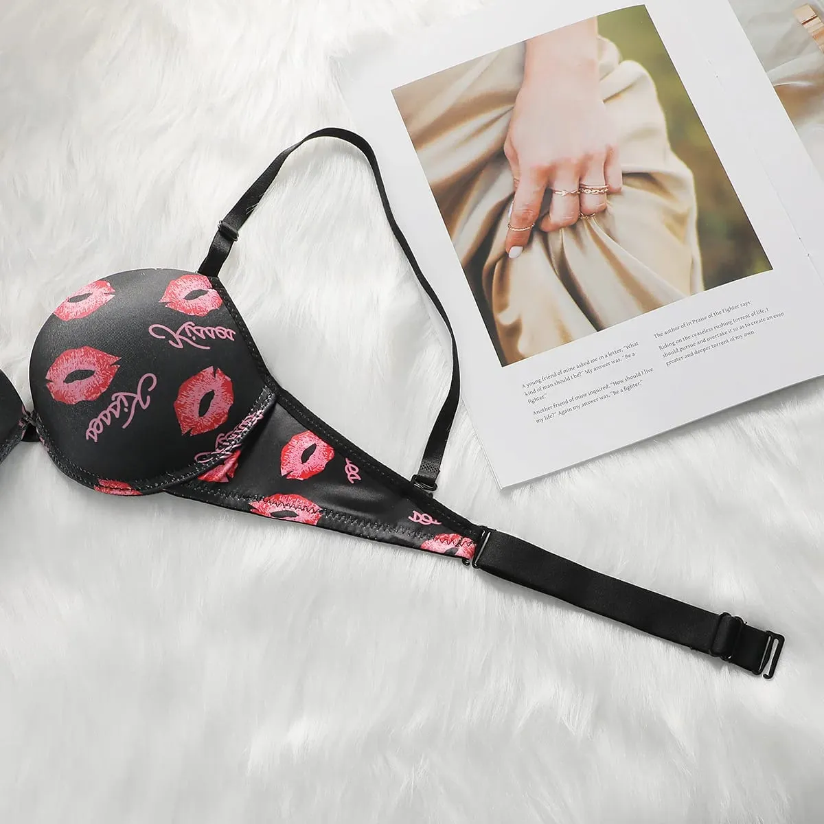 Sexy Damen-Dessous-Set mit Lippenmuster und Stahlfelgen, geraffte Push-ups, atmungsaktive Schultergurte, verstellbares BH-Set A2147 — image 4