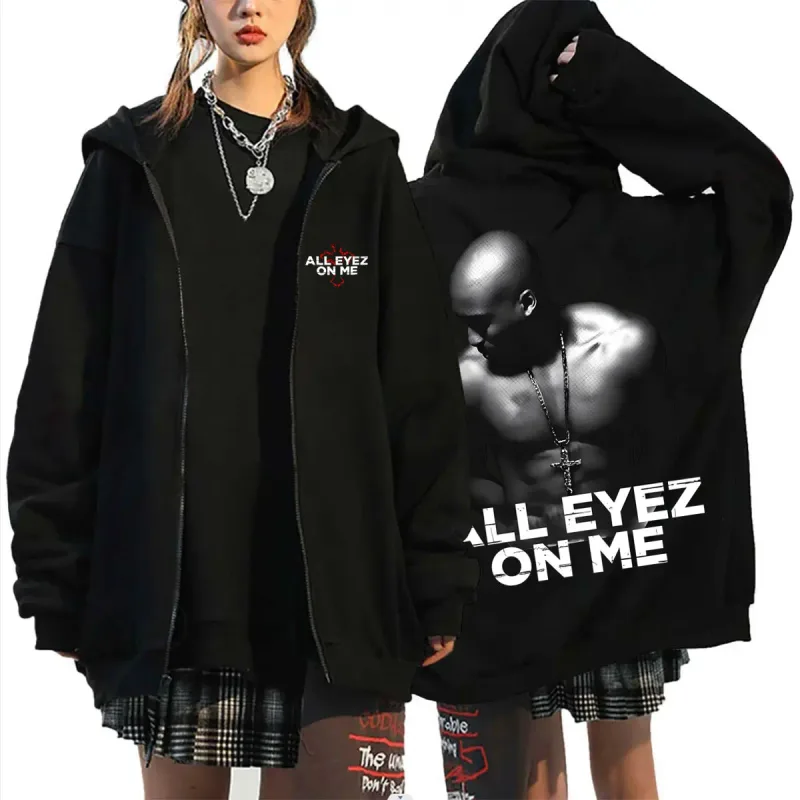 Rapçi Tupac 2pac All Eyez on Me Çapraz fermuarlı kapüşonlu kıyafet Erkek Kadın Hip Hop Moda Fermuarlı Kapüşonlular erkek Rahat Büyük Boy streetwear