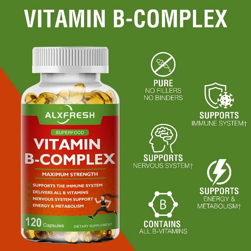 B-Complex Vitamins (B12 B1 B2 B3 B5 B6 B9 Folic Acid &Biotin) Capsule Liver Immune System Energy Support Nutrition Supplement