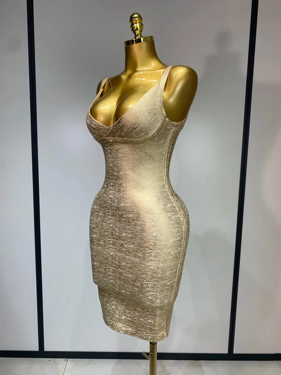 Hoge kwaliteit celebrity elegante gouden bodycon bandage jurk vrouwen sexy nachtclub avondfeest luxe verjaardag jurk vestidos — image 2