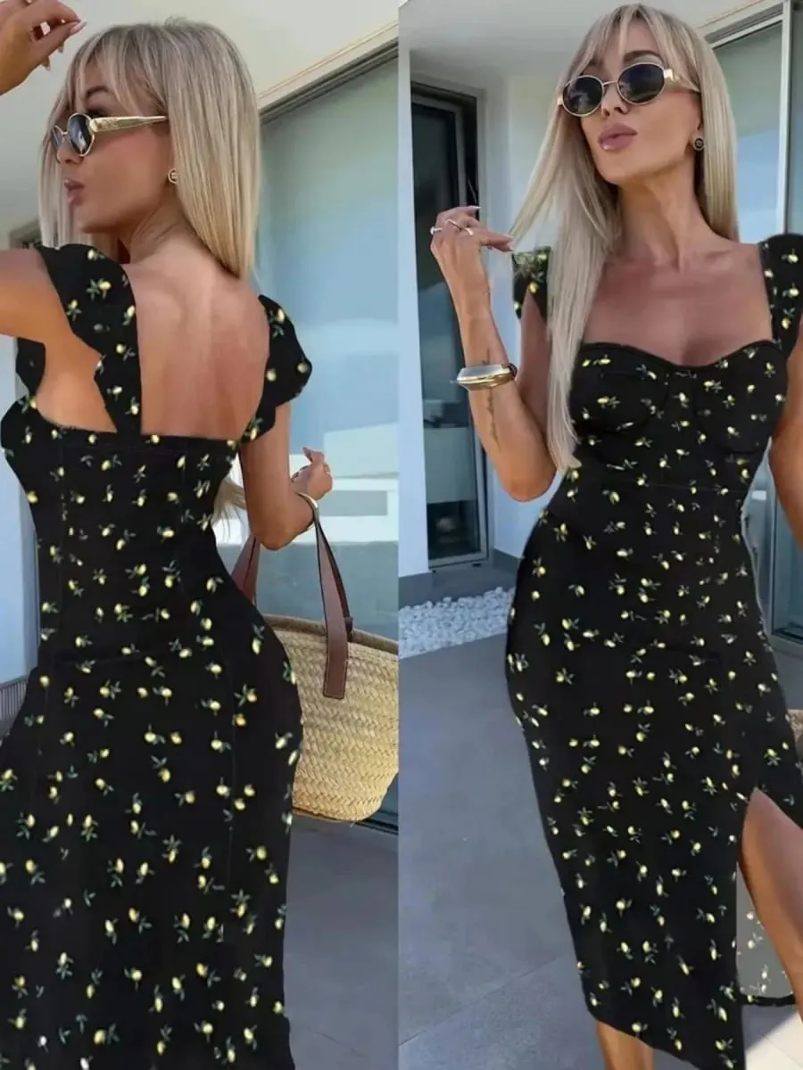 New European and American Summer Elegant Design Printed Suspender Slit Midi-Length Ladies Dress — image 3