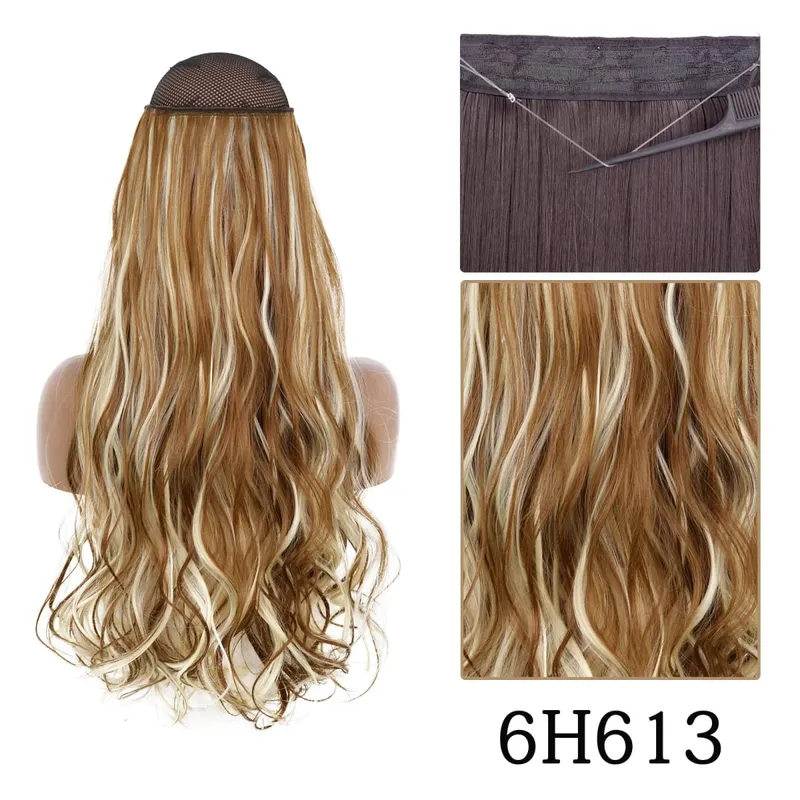 Synthetic No Clip Adjustable Fish Line Hair Extensions Natural Blonde Brown Long Wavy Heat Resiatant Hairpiece For Women
