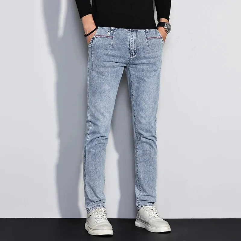 New Men's Jeans Slim Fit Stretch Straight Vintage Trendy Denim Pants Korean Washed Soft Versatile Fashion Trousers Streetwear