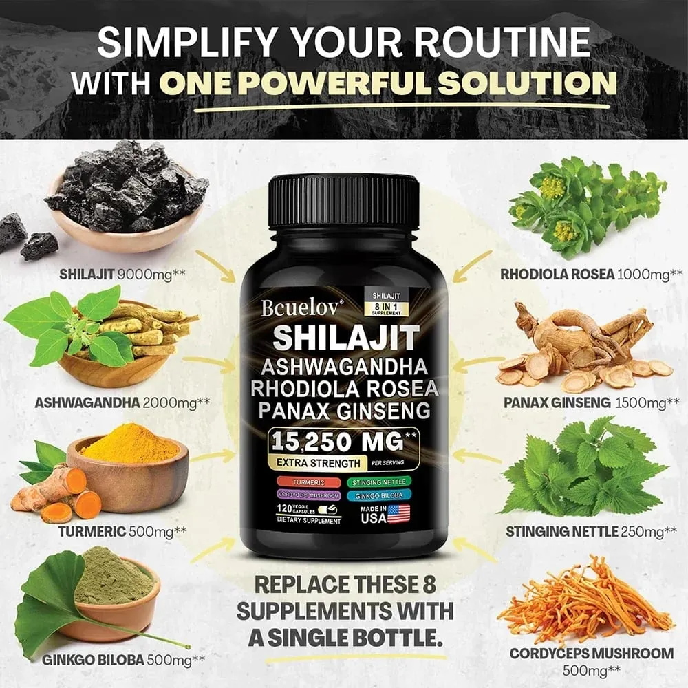 Shilajit 9000 Ginseng 1500MG Ashwagandha 2000MG - Les extraits complexes de plantes naturelles 8 en 1 fournissent de l'énergie et une force musculaire immunitaire — image 4