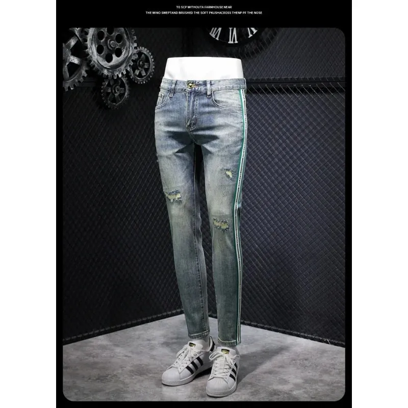 High-End Light Luxury Men's Blue Striped Jeans Men's 2024 Spring Street Versatile Slim Fit Skinny Ripped Trousers — image 6