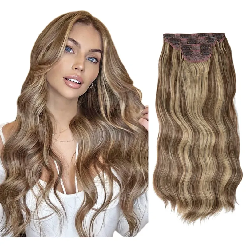 22" 4pcs/set Synthetic Clip In Hair Extensions Elegant Long Wavy Thick Hairpiece Daily Use Brown Blonde Natural Fake Hair — image 18