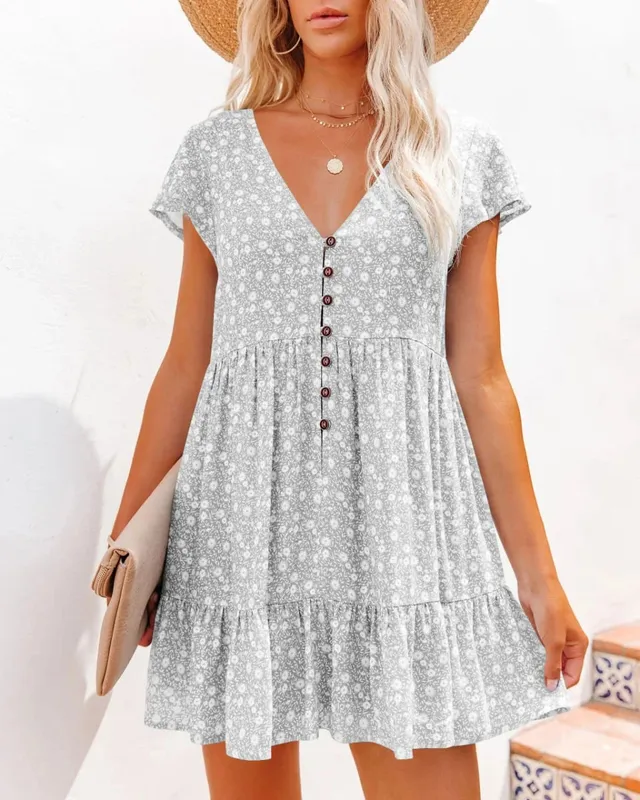 In Europe and the spring and summer independent stand v-neck button small broken flower loose women's leisure dress with short s — image 13