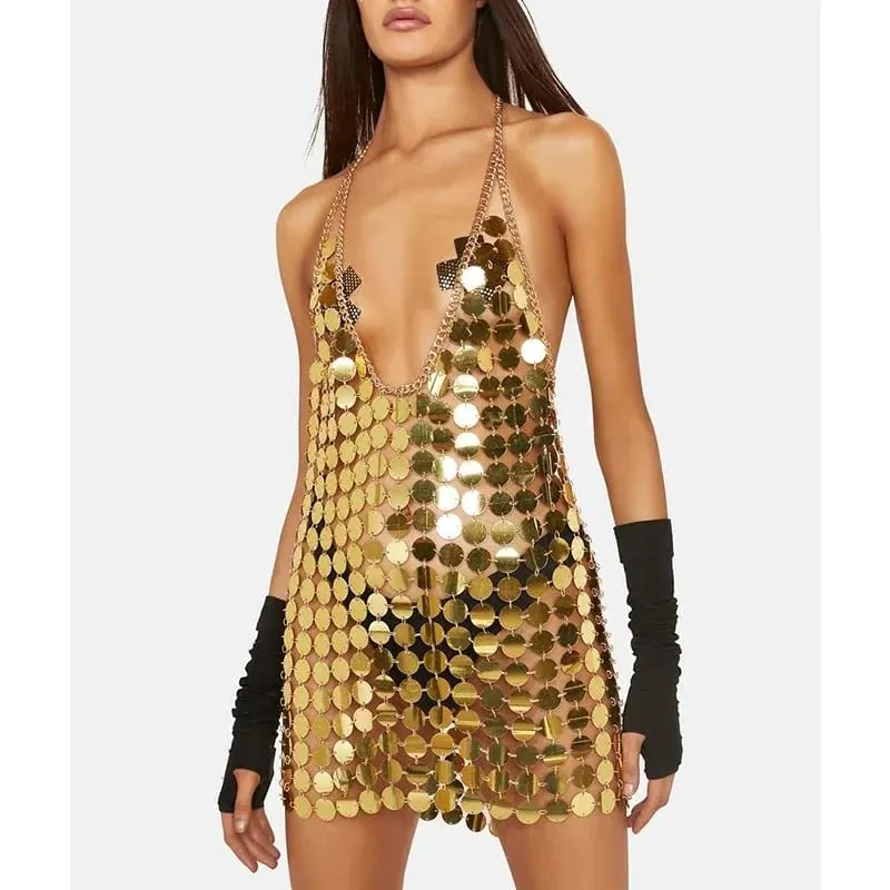 Women Fashion Sleeveless Sexy Backless Glitter Black Gold Chainmail Sequin Patchwork Mini Dresses Diana Silver Disc Dress — image 8