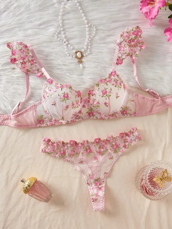 1 Set Romantic Rose Flower Embroidery Lingerie Set Ruffle Strap Sheer Mesh Bra Thong Set