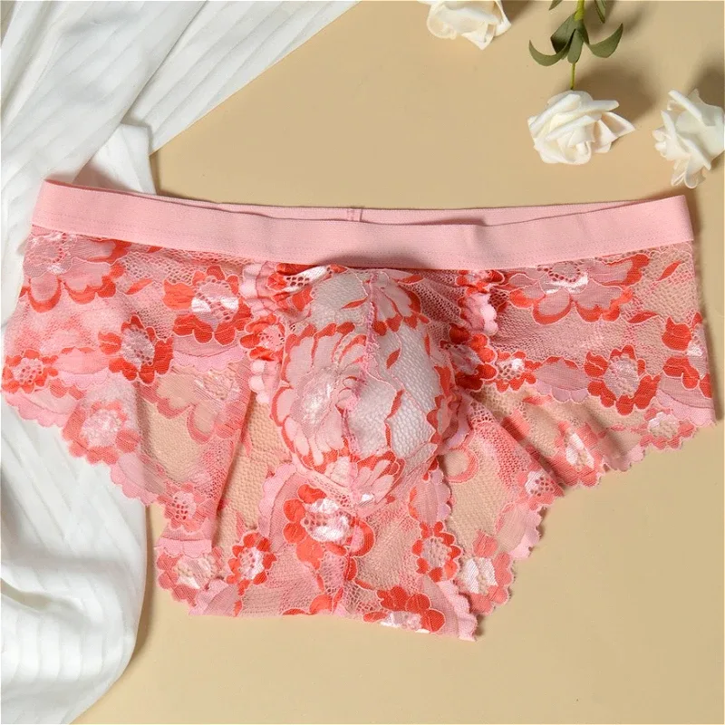 Renda sexy roupa interior suave dos homens bolsa calcinha perspectiva fina floral homem briefs tentação malha baixa ascensão respirável cuecas — image 2