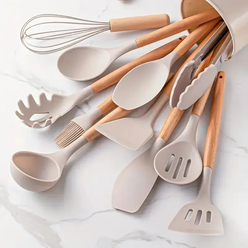 12pcs Set of Multi-color Silicone Wooden Handle Kitchenware Set Non Stick Pot Spatula and Spoon Cooking Utensils Heat-resistant — image 1