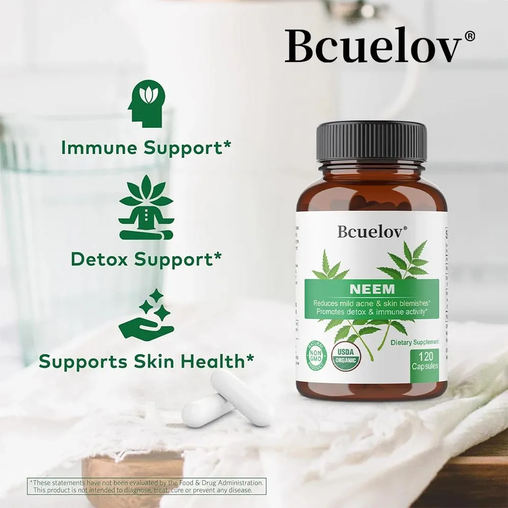 Organic Neem Capsules - Mga Herbal Acne Supplement na Sumusuporta sa Maaliwalas na Balat at Detox - Vegan Non-GMO Gluten Free — image 2