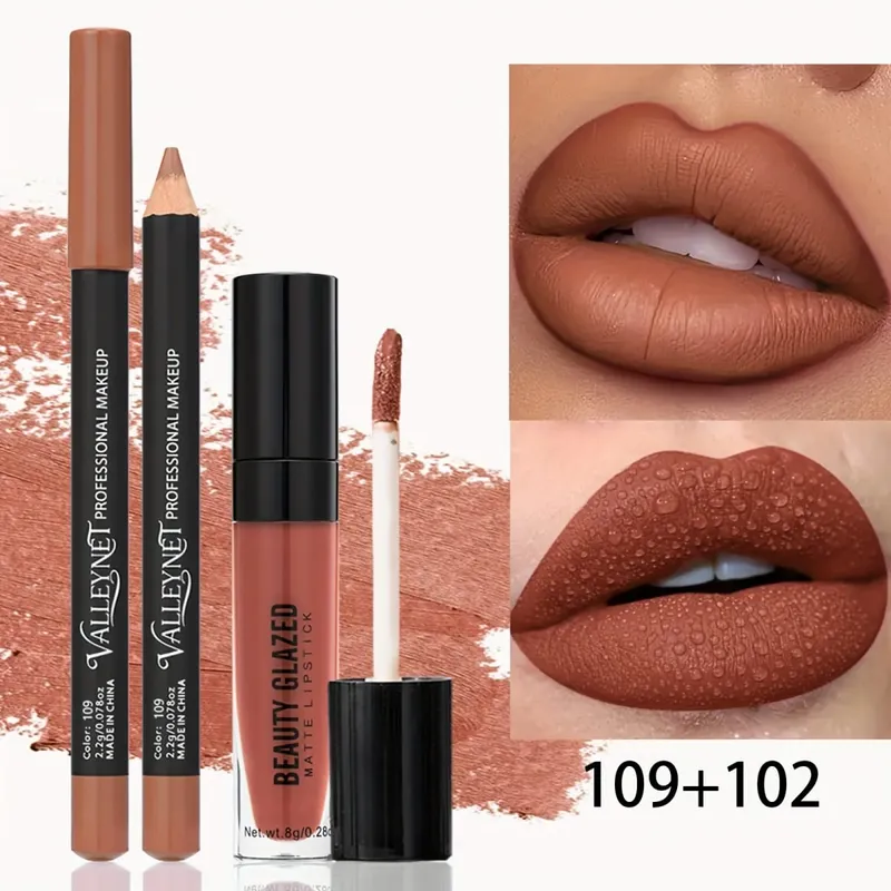 2pcs Wooden Lipstick Pens with 1pc Matte Lip Gloss Set Long-Lasting Resistant Waterproof Ideal Beauty Products for Gifting. — image 5