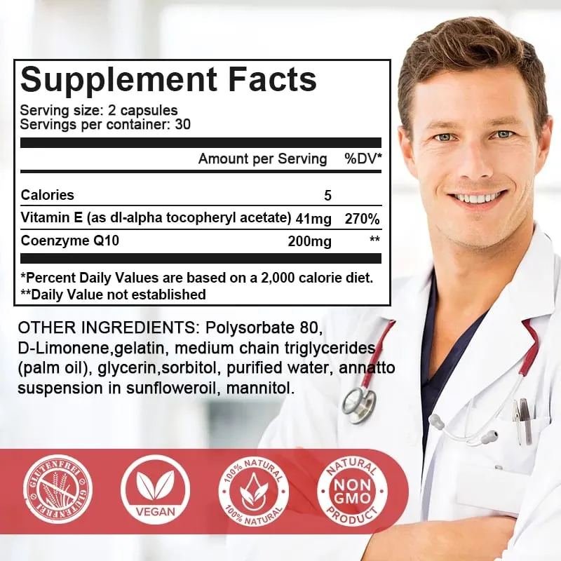 Coenzyme Q10 with Vitamin E - Heart Health Supplement for Energy Blood Pressure & Antioxidant Support
