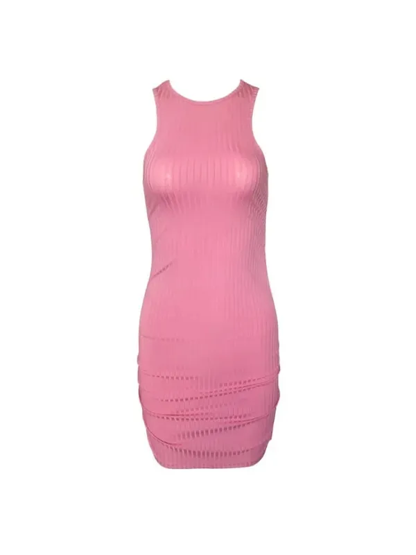 Sexy pruhy Nitě Pletení Slim Bodycon Šaty Dámské Jednobarevné Skinny Mini šaty bez rukávů Elegantní Club Party Vestidos — image 7