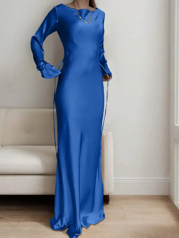 Abito lungo da donna in raso su misura con corsetto in vita, scollo rotondo classico e abito da sera di lusso con maniche svasate drammatiche — image 9