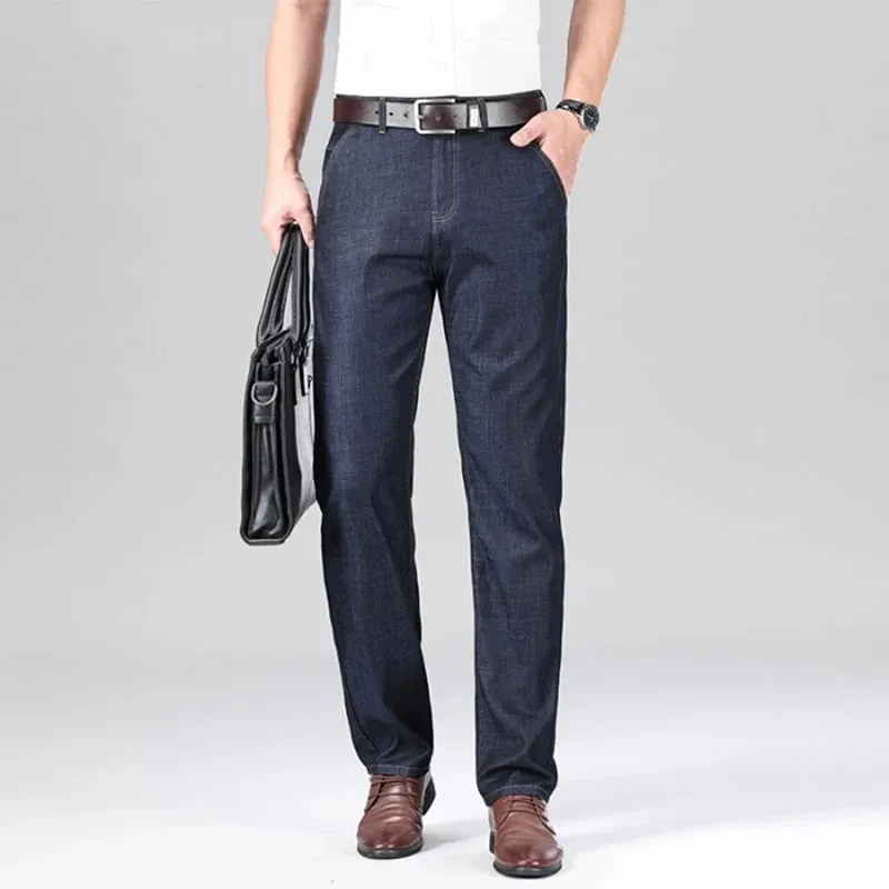 New Lyocell Fabric Jeans Men Summer Thin Business Straight Leg Loose Trousers Men's Casual Long Pants Large Size