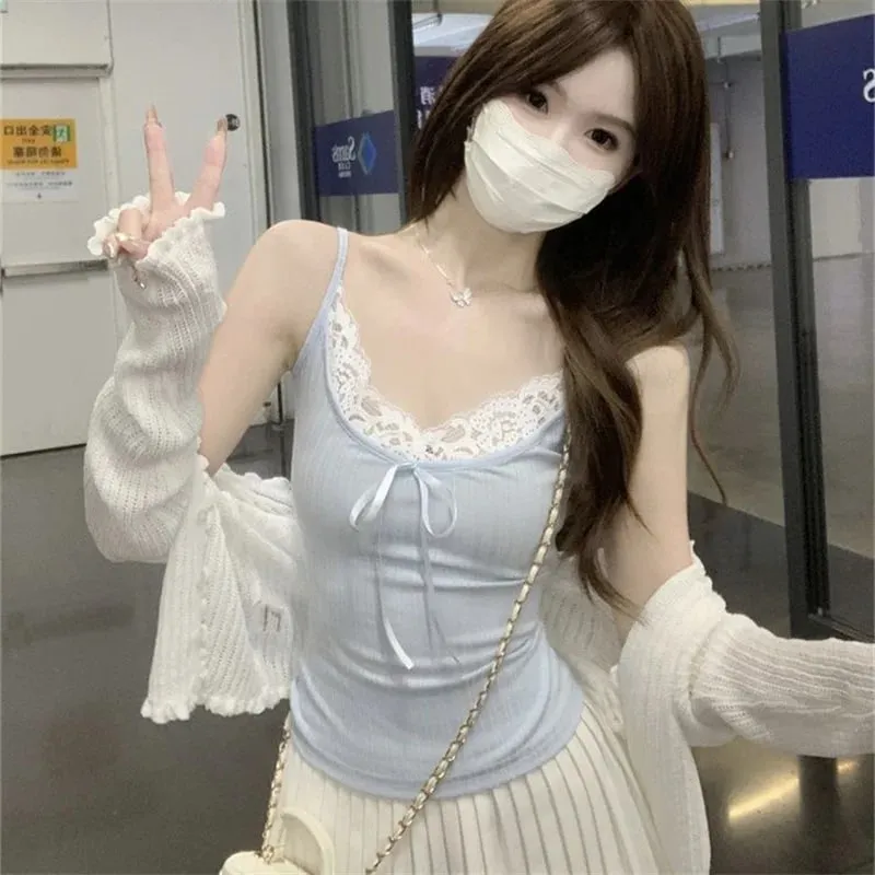 Sexy Patchwork Lace Trim Camis Top Sweet Casual Slim Solid V-Neck Sleeveless Cute Tank Tops Women 2025 Summer Streetwear Lady — image 2