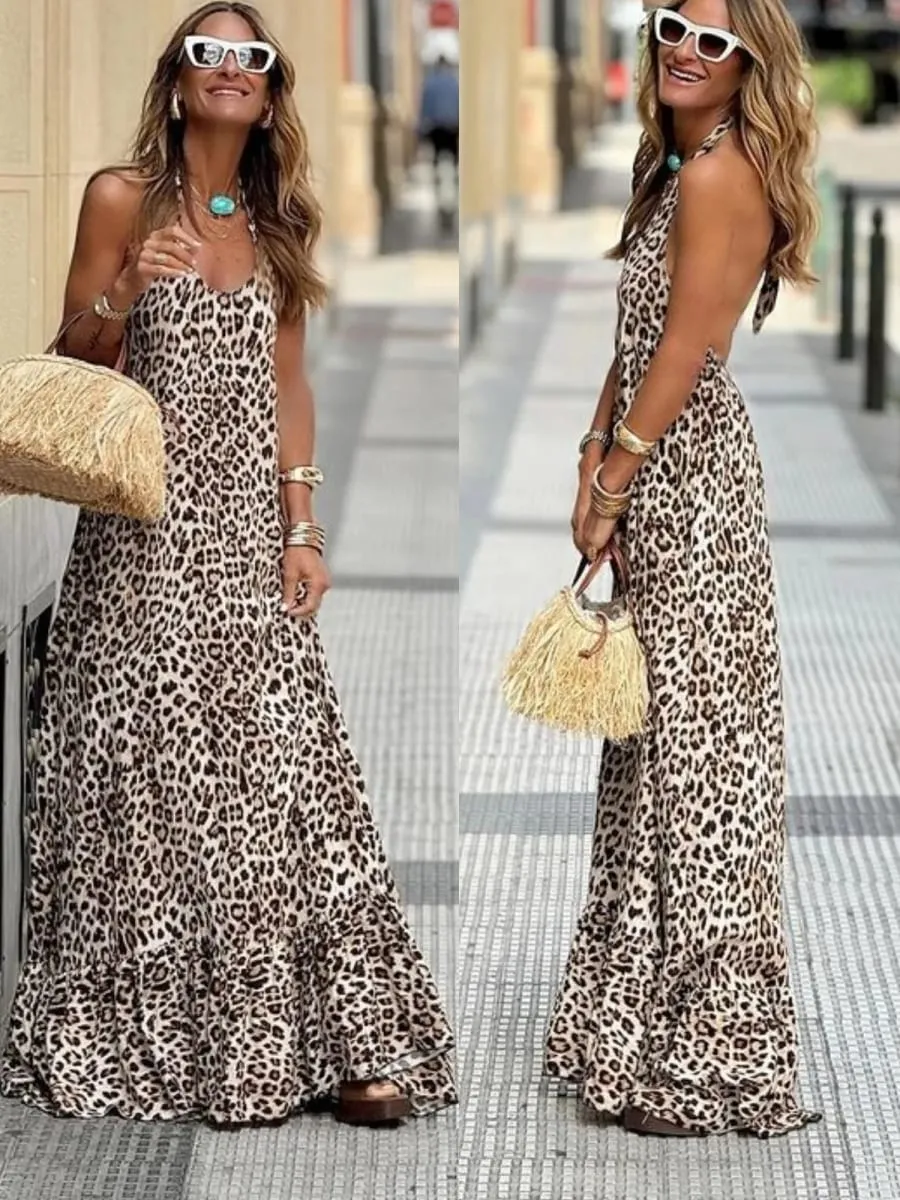 Women Summer Sleeveles Vestidos Spaghetti Strap Corset Long Dresses Leopard Print V-neck Halter Neck Backless Sexy Party Dress — image 6