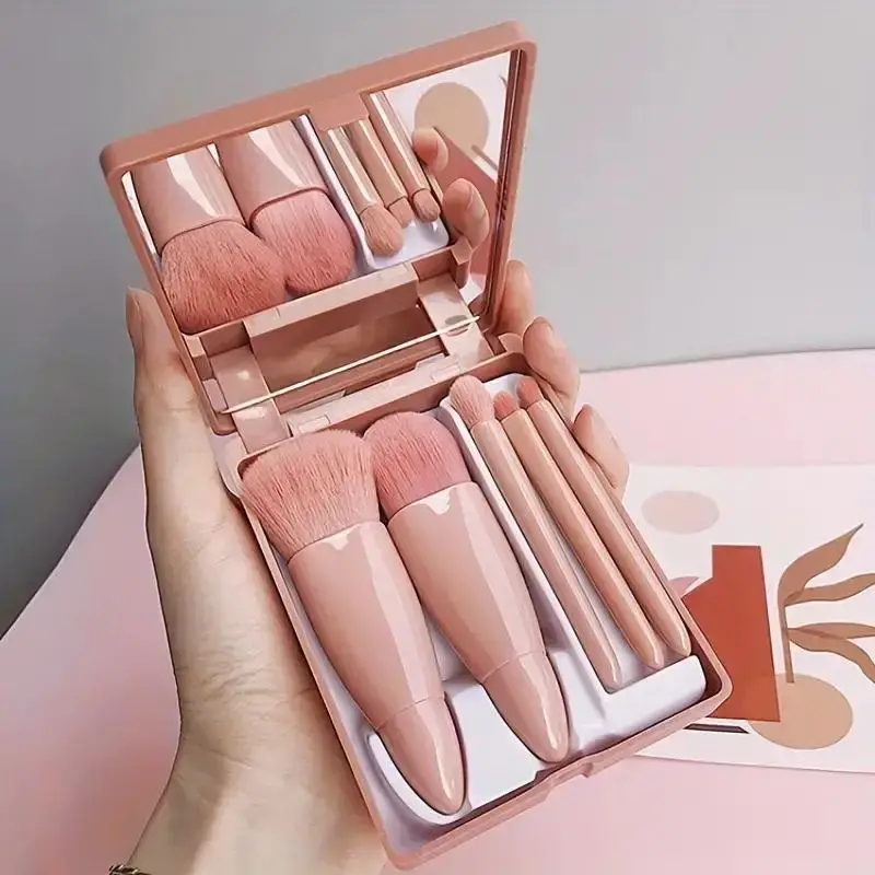 5pcs Mini Berus Makeup Kit Fungsi Kecil Berus Kosmetik Lengkap Dengan Sarung Dan Cermin Saiz Perjalanan Berus Makeup Set