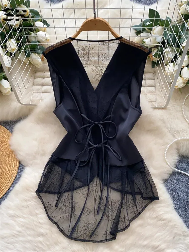 Backless Sexy Tank Vest Sleeveless Single Breasted V Neck Spliced Lace Skinny Sheer Irregular Summer Women Design Tops — image 3