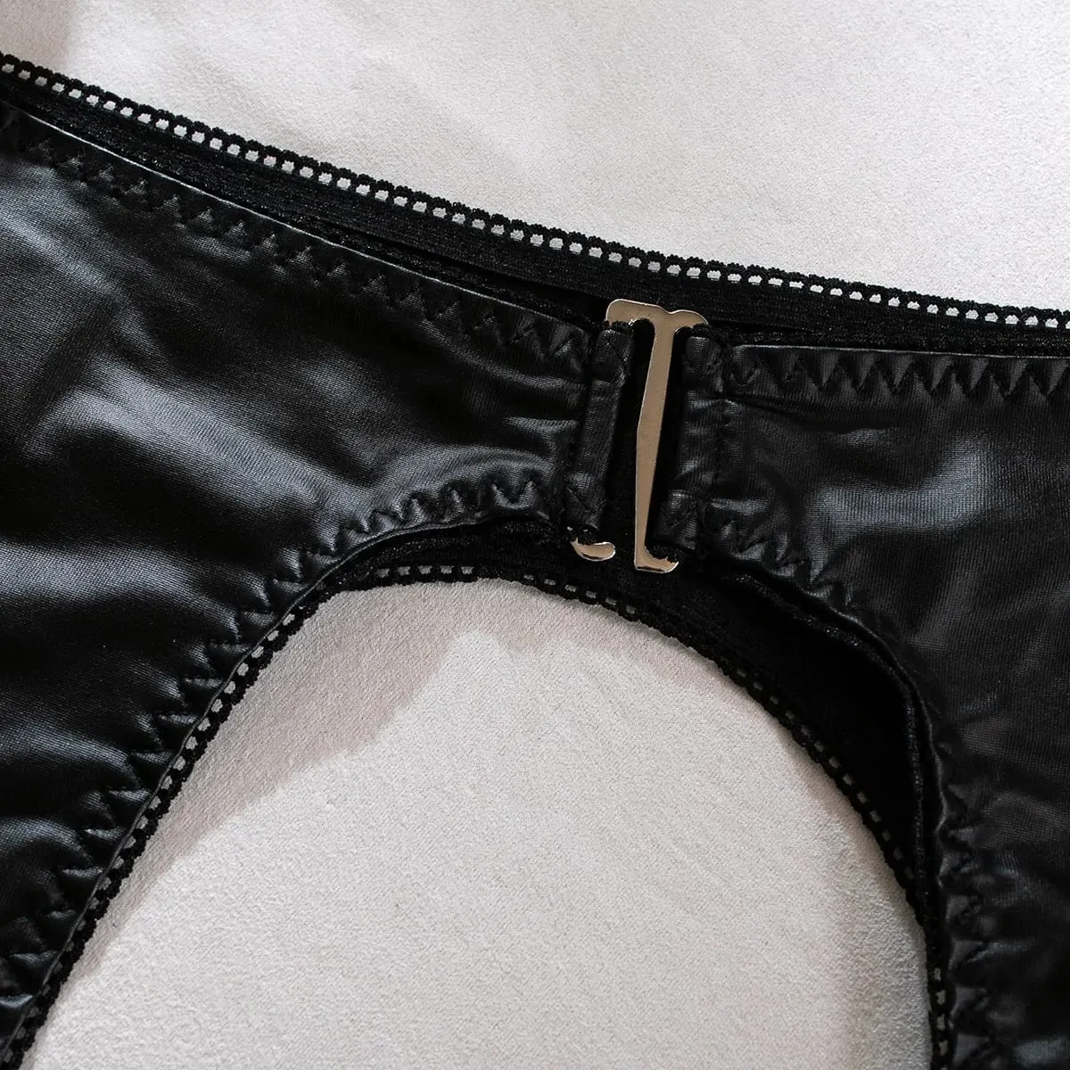 Sexy Hollow Out Leather Lingerie Set Women's Solid Simple Three Piece Underwear Set Female Sujetadores Transparente Para Mujeres — image 5