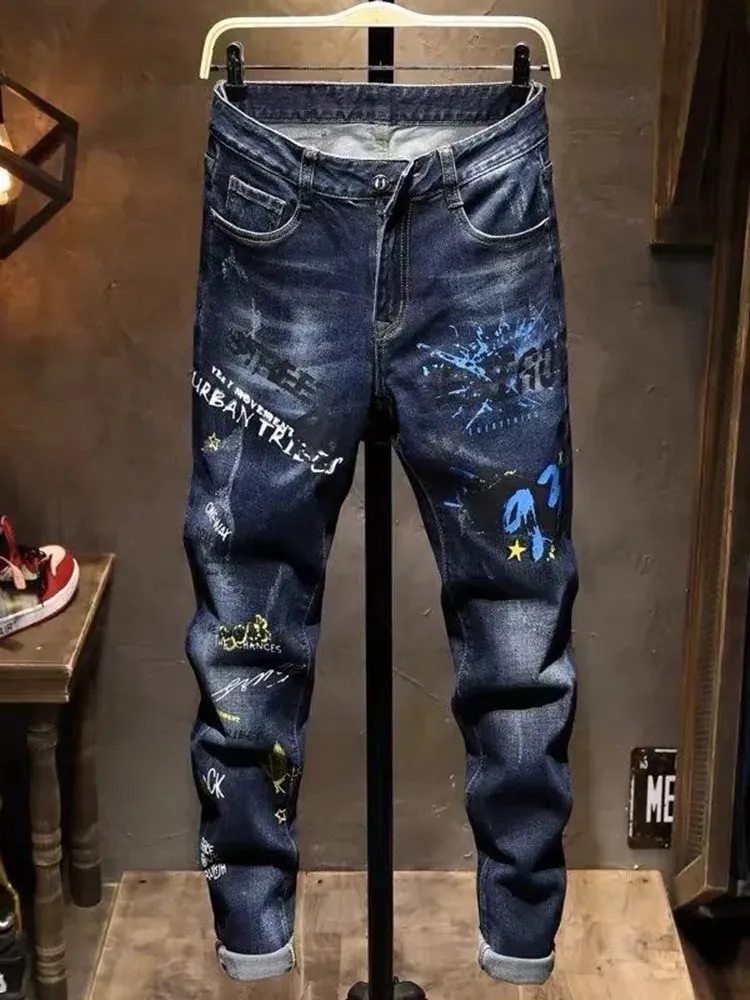Spring and Autumn Fashion Trend Printed Straight-Leg Stretch Denim Jeans For Men Comfortable Casual Sports High-Quality Jeans — image 2