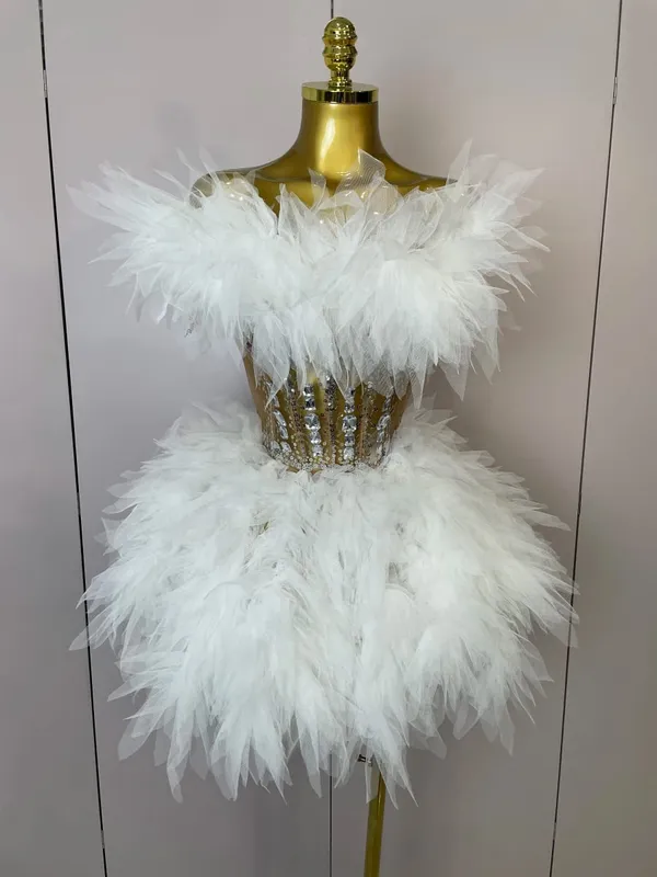 2025Women Sexy Backless Strap Mesh Fluffy Skirt 2 Pieces Diamond Sequins Stage Performance Costume Birthday Party Shooting Dress