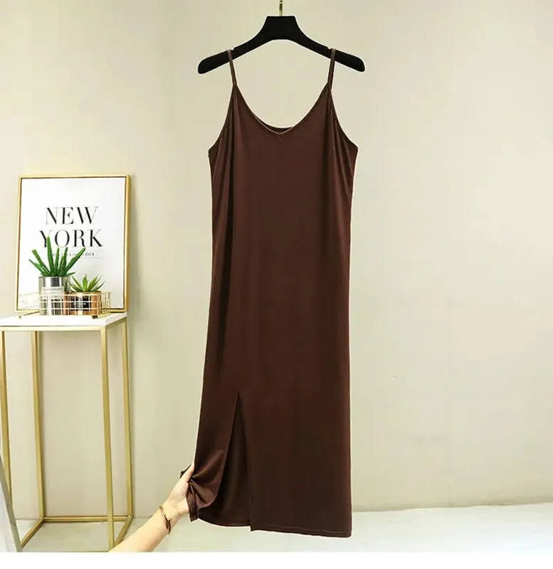 Womens Modal Full Slip Dress Underwear Veststrap Solid Long Under Dress Camisole Slips Inner Petticoat Women Intimates