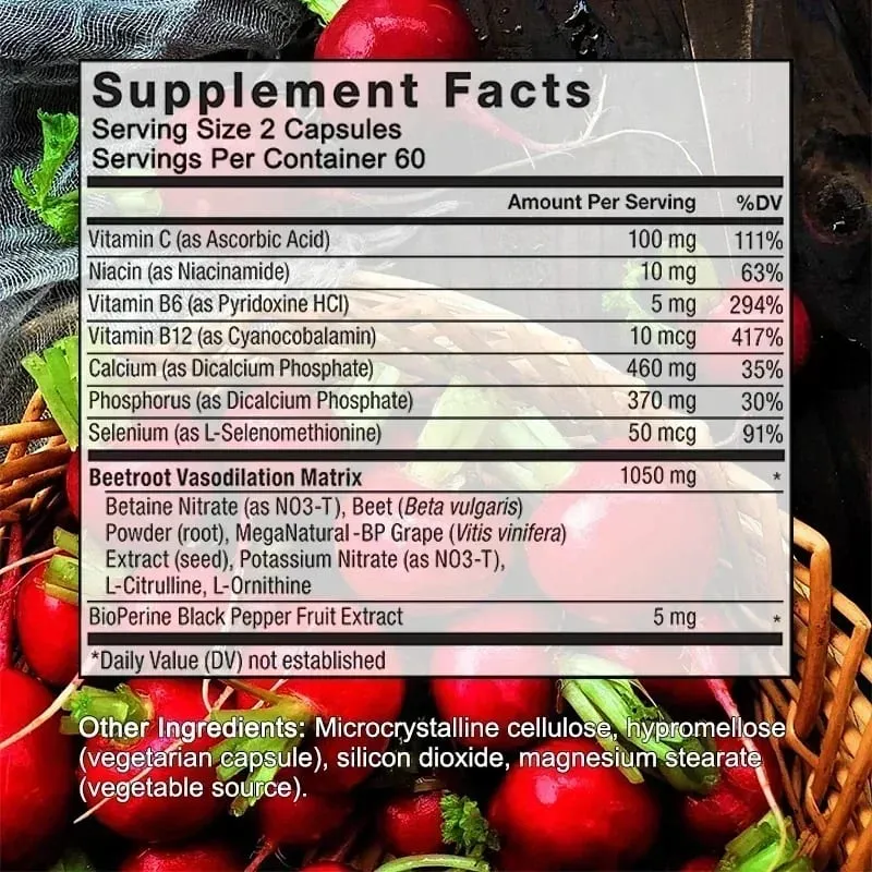 Beetroot Capsules Organic Beetroot Powder Extract + Black Pepper Nitric Oxide Production Blood Circulation Blood Pressure Health — image 6