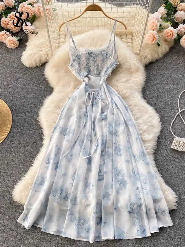 Frauen Floral Spaghetti Strap Kleid Elastische Geraffte Sexy Hohl Backless Party Kleid Sommer Boho Urlaub Strand Sommerkleid — image 2