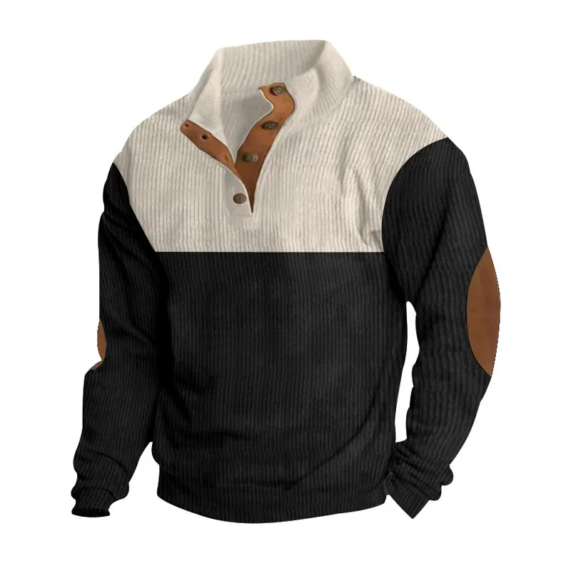 Men's Hoodies Spring And Autumn Corduroy Casual Patchwork Stand Collar Button Sports Hoodie Man Clothing — image 4