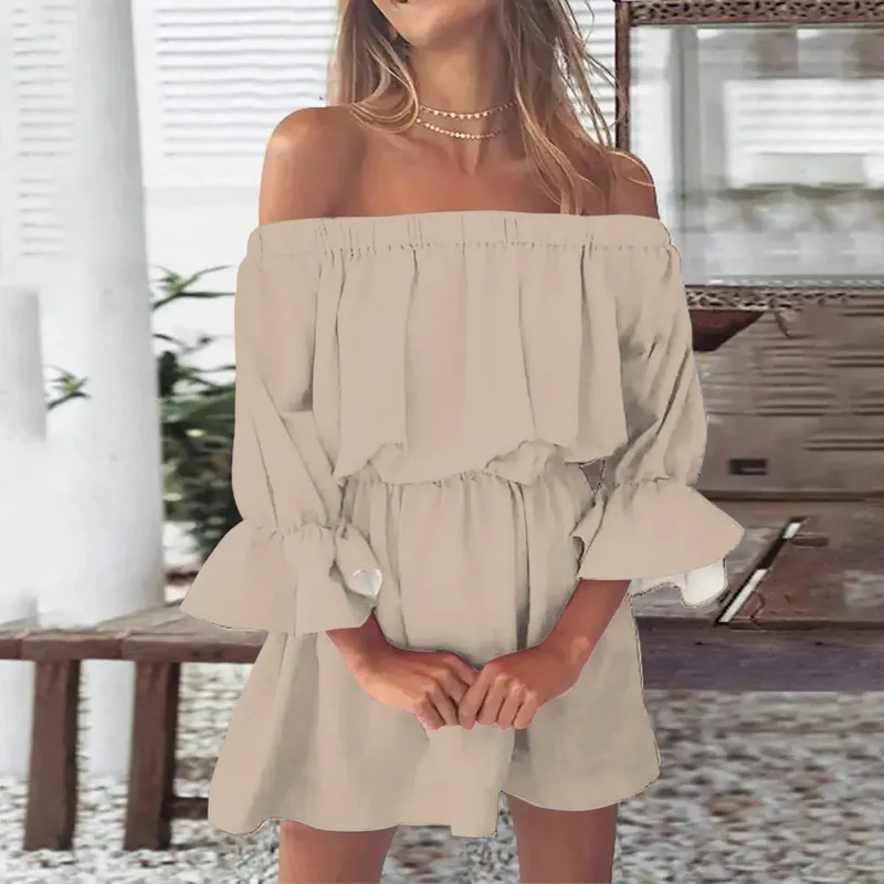 Sexy Off Shoulder Tunic Dress Women Solid Color Flare Sleeve Elastic Waisted Short Dresses Streetwear Midi Dress Ropa De Mujer